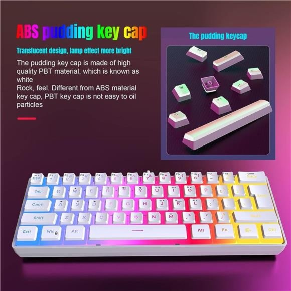 60% Wired Gaming Keyboard, Pudding Keycaps with Translucent Layer, RGB Backlit - Picture 5 of 6